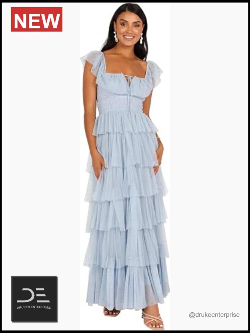 Tulle Maxi Dress Square Neck Front Cut Out Ruffled Tiered Skirt